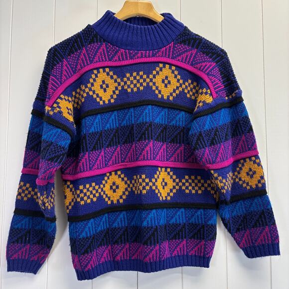 Vintage Croquet Club Womens 80s 90s Geometric Striped Sweater Size M Ribbed Cozy - Picture 1 of 8